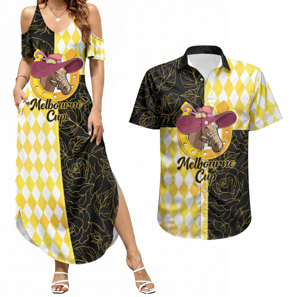 Personalised Melbourne Cup Australia Couples Matching Summer Maxi Dress and Hawaiian Shirt Diamond Horse Racing Silks Inspired Yellow