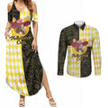 Personalised Melbourne Cup Australia Couples Matching Summer Maxi Dress and Long Sleeve Button Shirt Diamond Horse Racing Silks Inspired Yellow