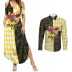 Personalised Melbourne Cup Australia Couples Matching Summer Maxi Dress and Long Sleeve Button Shirt Diamond Horse Racing Silks Inspired Yellow