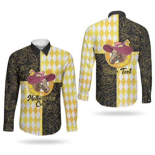 Personalised Melbourne Cup Australia Couples Matching Summer Maxi Dress and Long Sleeve Button Shirt Diamond Horse Racing Silks Inspired Yellow