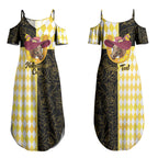Personalised Melbourne Cup Australia Couples Matching Summer Maxi Dress and Long Sleeve Button Shirt Diamond Horse Racing Silks Inspired Yellow