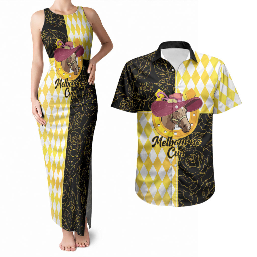 Personalised Melbourne Cup Australia Couples Matching Tank Maxi Dress and Hawaiian Shirt Diamond Horse Racing Silks Inspired Yellow
