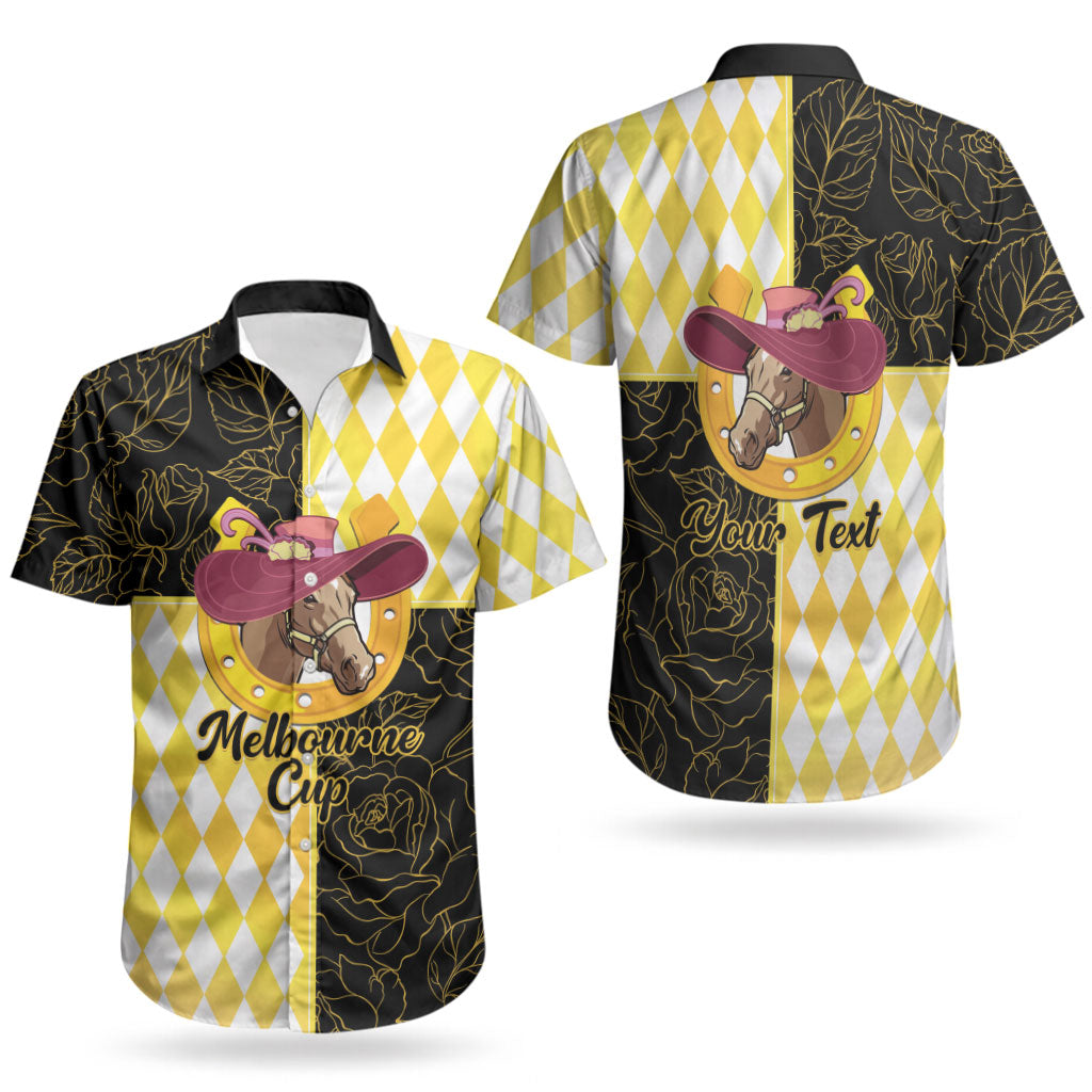 Personalised Melbourne Cup Australia Couples Matching Tank Maxi Dress and Hawaiian Shirt Diamond Horse Racing Silks Inspired Yellow