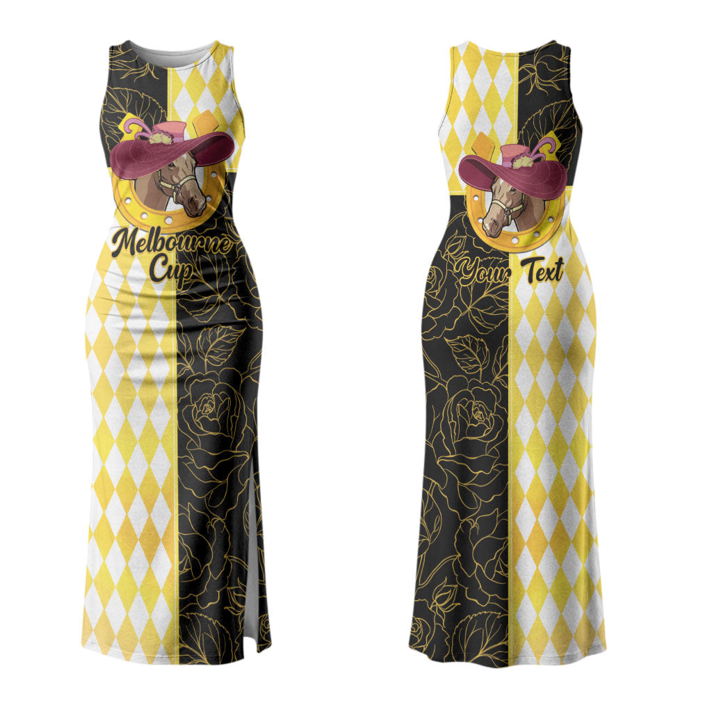 Personalised Melbourne Cup Australia Couples Matching Tank Maxi Dress and Hawaiian Shirt Diamond Horse Racing Silks Inspired Yellow