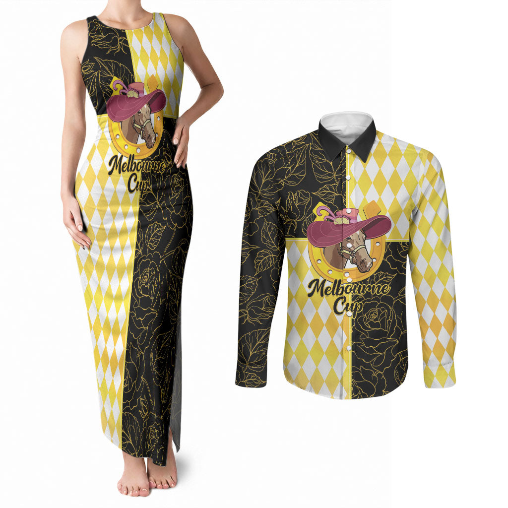 Personalised Melbourne Cup Australia Couples Matching Tank Maxi Dress and Long Sleeve Button Shirt Diamond Horse Racing Silks Inspired Yellow