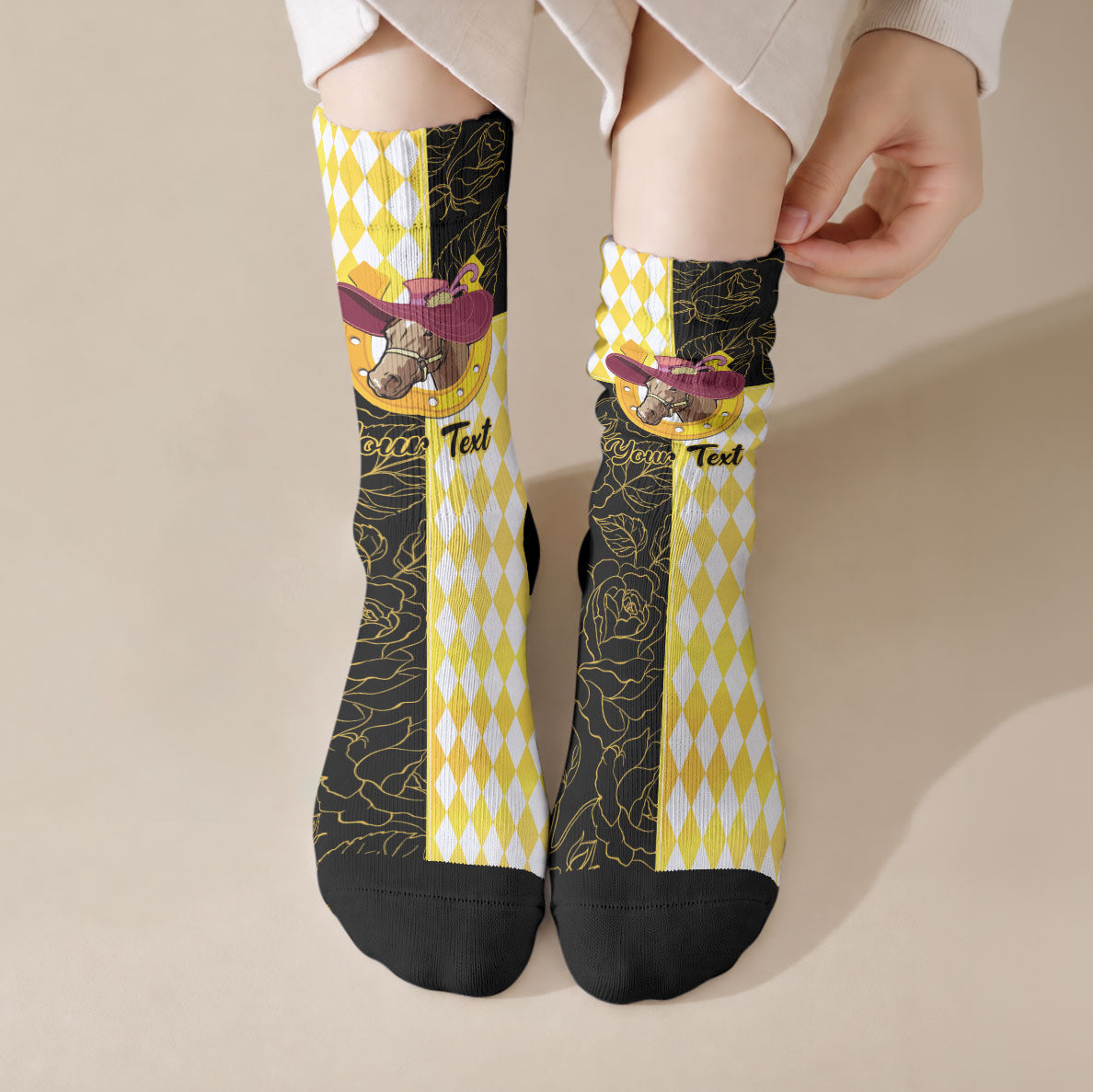 Personalised Melbourne Cup Australia Crew Socks Diamond Horse Racing Silks Inspired Yellow