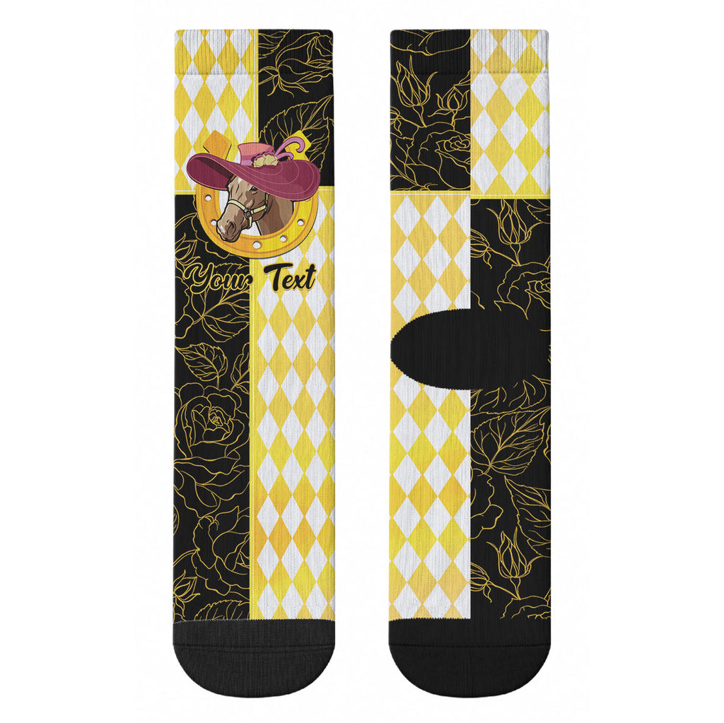 Personalised Melbourne Cup Australia Crew Socks Diamond Horse Racing Silks Inspired Yellow