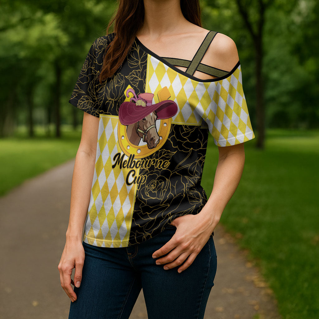 Personalised Melbourne Cup Australia Cross Shoulder Shirt Diamond Horse Racing Silks Inspired Yellow
