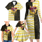 Personalised Melbourne Cup Australia Family Matching Long Sleeve Bodycon Dress and Hawaiian Shirt Diamond Horse Racing Silks Inspired Yellow
