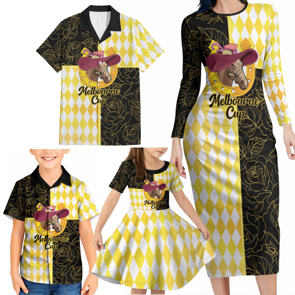 Personalised Melbourne Cup Australia Family Matching Long Sleeve Bodycon Dress and Hawaiian Shirt Diamond Horse Racing Silks Inspired Yellow