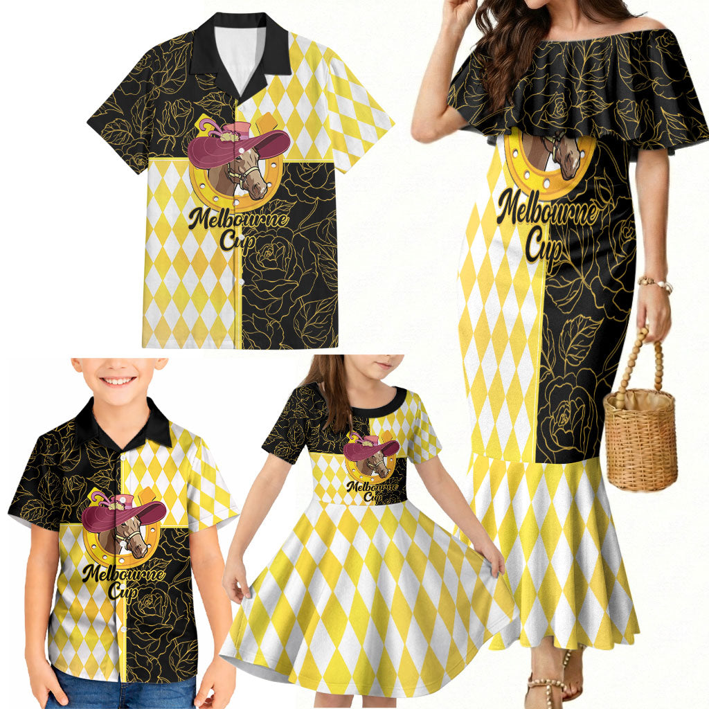 Personalised Melbourne Cup Australia Family Matching Mermaid Dress and Hawaiian Shirt Diamond Horse Racing Silks Inspired Yellow