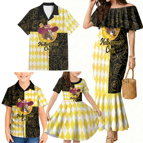 Personalised Melbourne Cup Australia Family Matching Mermaid Dress and Hawaiian Shirt Diamond Horse Racing Silks Inspired Yellow