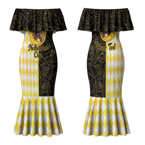 Personalised Melbourne Cup Australia Family Matching Mermaid Dress and Hawaiian Shirt Diamond Horse Racing Silks Inspired Yellow