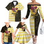 Personalised Melbourne Cup Australia Family Matching Off The Shoulder Long Sleeve Dress and Hawaiian Shirt Diamond Horse Racing Silks Inspired Yellow