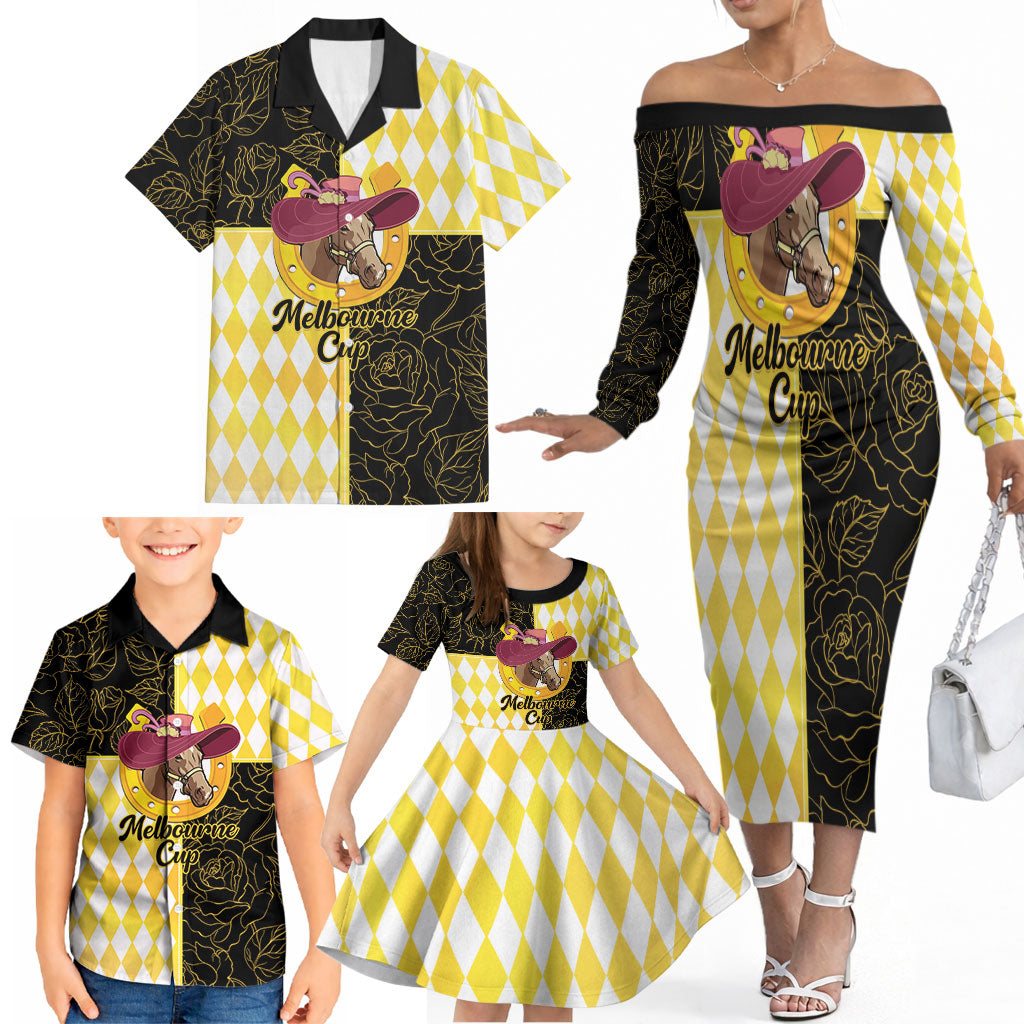 Personalised Melbourne Cup Australia Family Matching Off The Shoulder Long Sleeve Dress and Hawaiian Shirt Diamond Horse Racing Silks Inspired Yellow