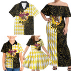 Personalised Melbourne Cup Australia Family Matching Off Shoulder Maxi Dress and Hawaiian Shirt Diamond Horse Racing Silks Inspired Yellow