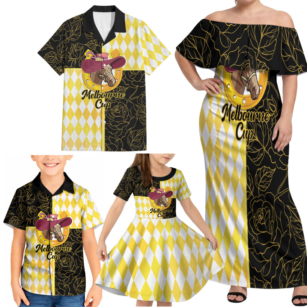 Personalised Melbourne Cup Australia Family Matching Off Shoulder Maxi Dress and Hawaiian Shirt Diamond Horse Racing Silks Inspired Yellow