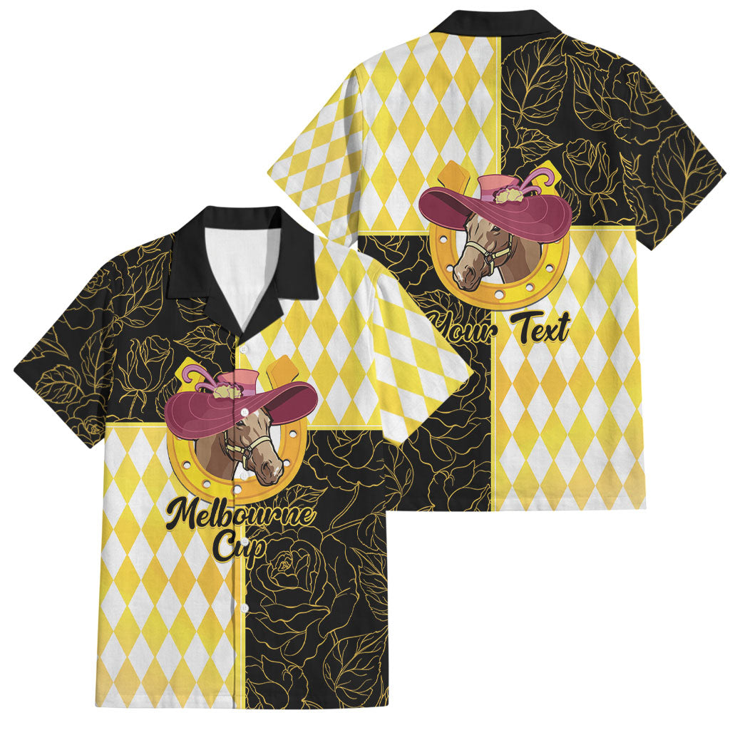 Personalised Melbourne Cup Australia Family Matching Off Shoulder Maxi Dress and Hawaiian Shirt Diamond Horse Racing Silks Inspired Yellow