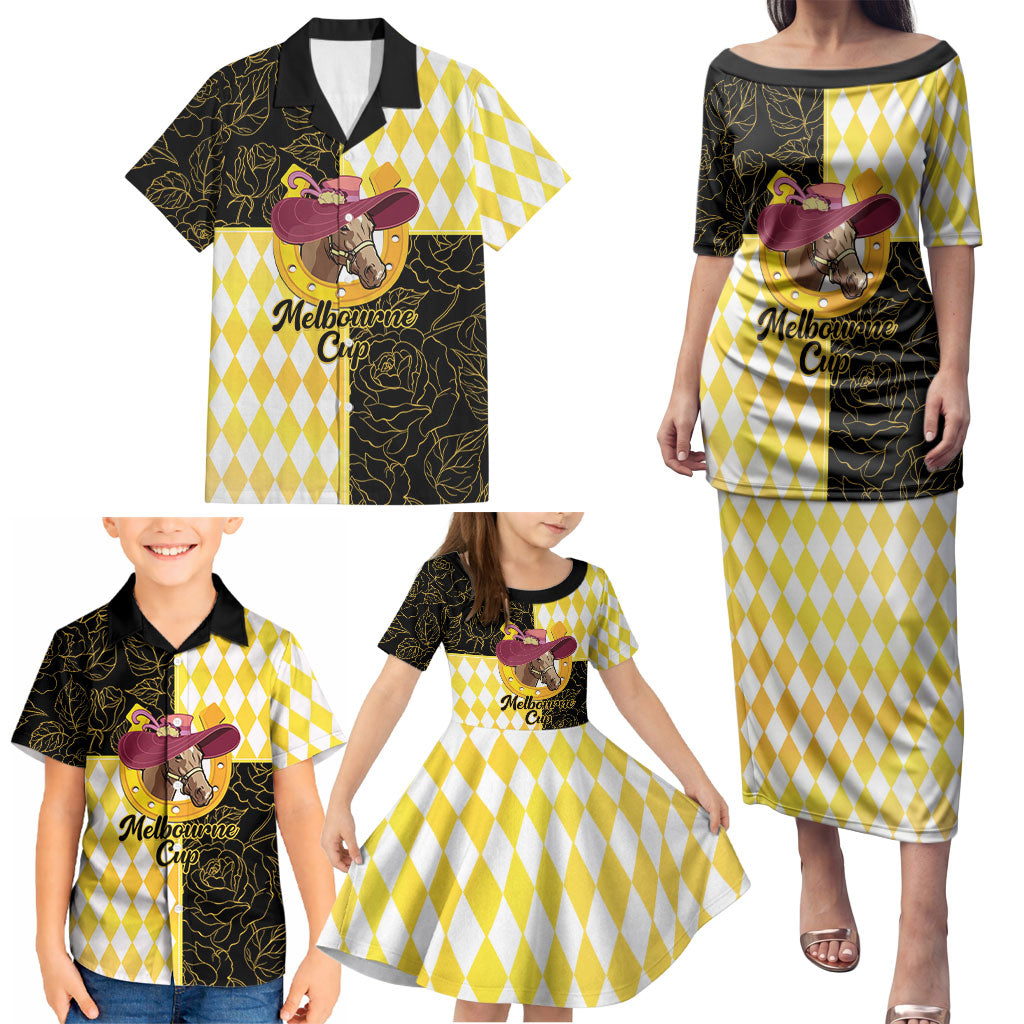 Personalised Melbourne Cup Australia Family Matching Puletasi and Hawaiian Shirt Diamond Horse Racing Silks Inspired Yellow