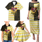 Personalised Melbourne Cup Australia Family Matching Puletasi and Hawaiian Shirt Diamond Horse Racing Silks Inspired Yellow