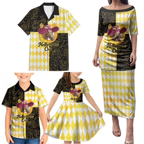 Personalised Melbourne Cup Australia Family Matching Puletasi and Hawaiian Shirt Diamond Horse Racing Silks Inspired Yellow