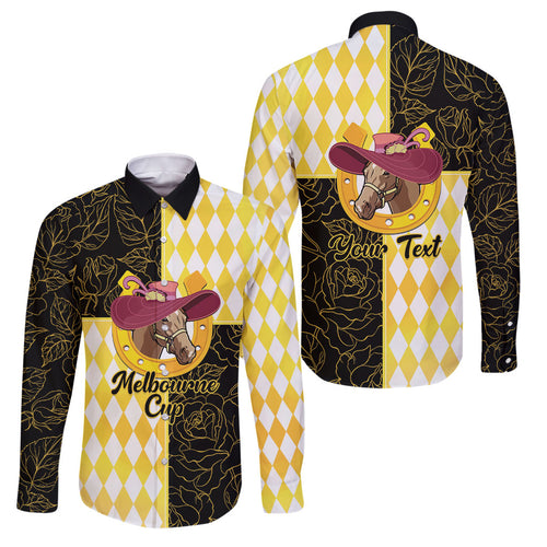 Personalised Melbourne Cup Australia Family Matching Puletasi and Hawaiian Shirt Diamond Horse Racing Silks Inspired Yellow