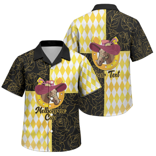 Personalised Melbourne Cup Australia Family Matching Puletasi and Hawaiian Shirt Diamond Horse Racing Silks Inspired Yellow
