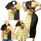 Personalised Melbourne Cup Australia Family Matching Short Sleeve Bodycon Dress and Hawaiian Shirt Diamond Horse Racing Silks Inspired Yellow