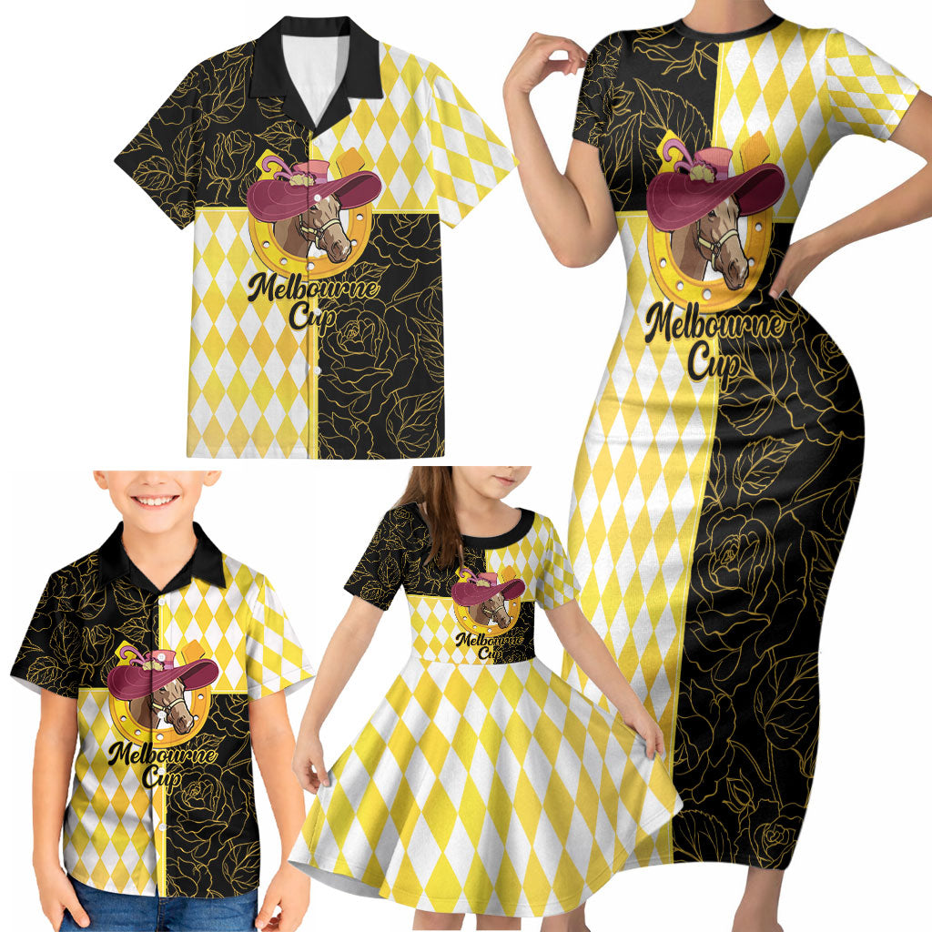 Personalised Melbourne Cup Australia Family Matching Short Sleeve Bodycon Dress and Hawaiian Shirt Diamond Horse Racing Silks Inspired Yellow