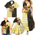 Personalised Melbourne Cup Australia Family Matching Summer Maxi Dress and Hawaiian Shirt Diamond Horse Racing Silks Inspired Yellow