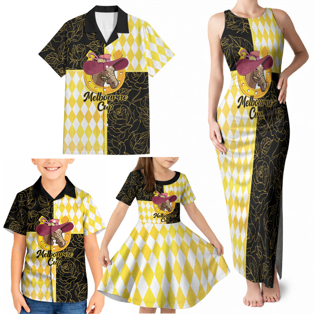 Personalised Melbourne Cup Australia Family Matching Tank Maxi Dress and Hawaiian Shirt Diamond Horse Racing Silks Inspired Yellow