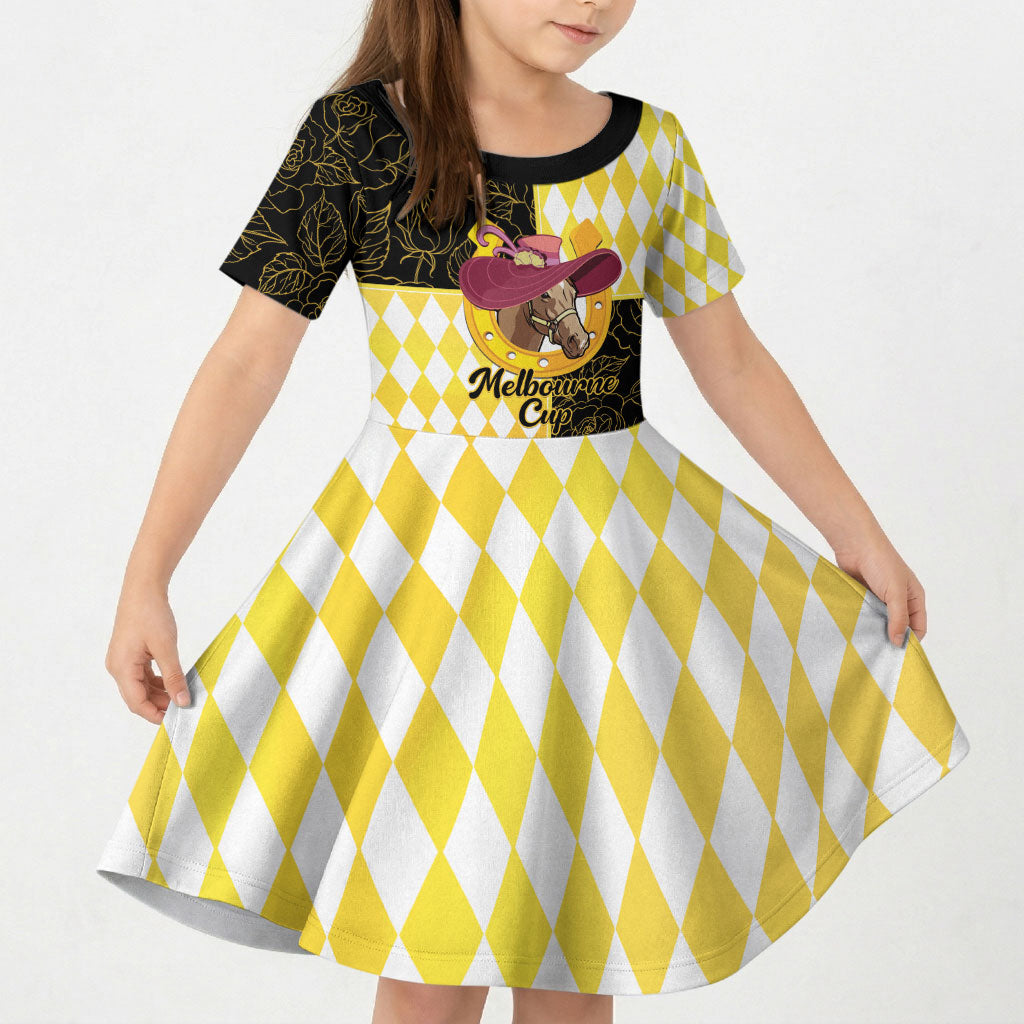 Personalised Melbourne Cup Australia Kid Short Sleeve Dress Diamond Horse Racing Silks Inspired Yellow