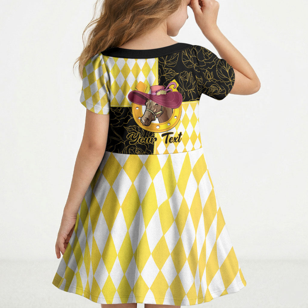 Personalised Melbourne Cup Australia Kid Short Sleeve Dress Diamond Horse Racing Silks Inspired Yellow