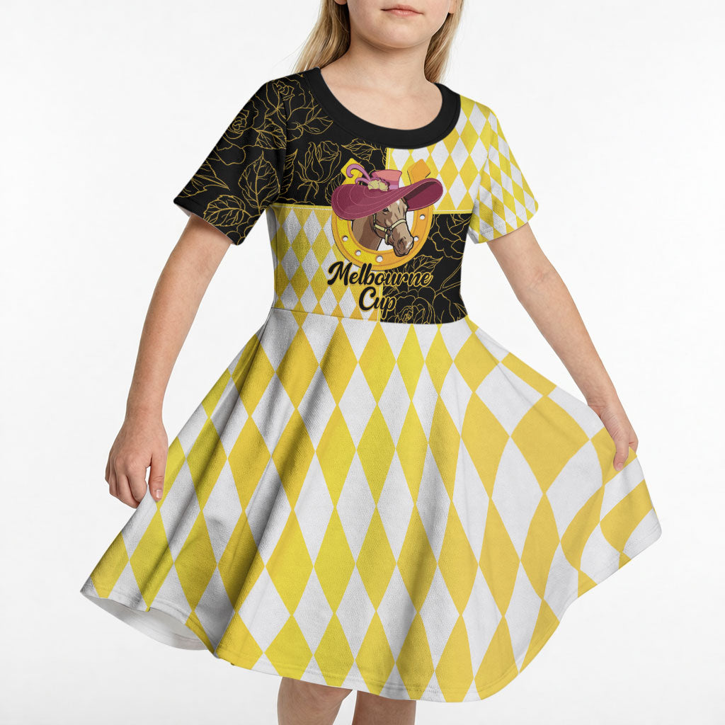Personalised Melbourne Cup Australia Kid Short Sleeve Dress Diamond Horse Racing Silks Inspired Yellow