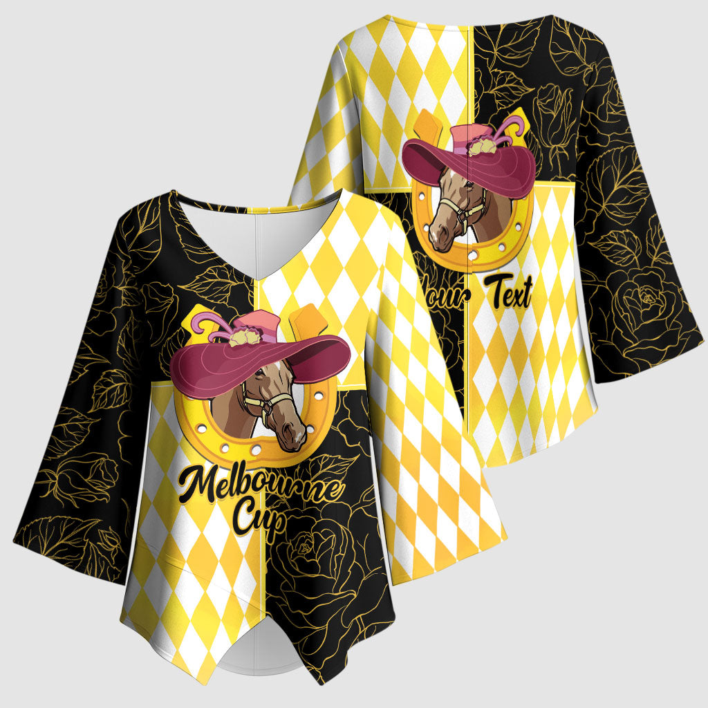 Personalised Melbourne Cup Australia Kimono Sleeve Blouse Diamond Horse Racing Silks Inspired Yellow