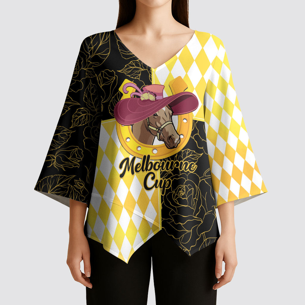 Personalised Melbourne Cup Australia Kimono Sleeve Blouse Diamond Horse Racing Silks Inspired Yellow