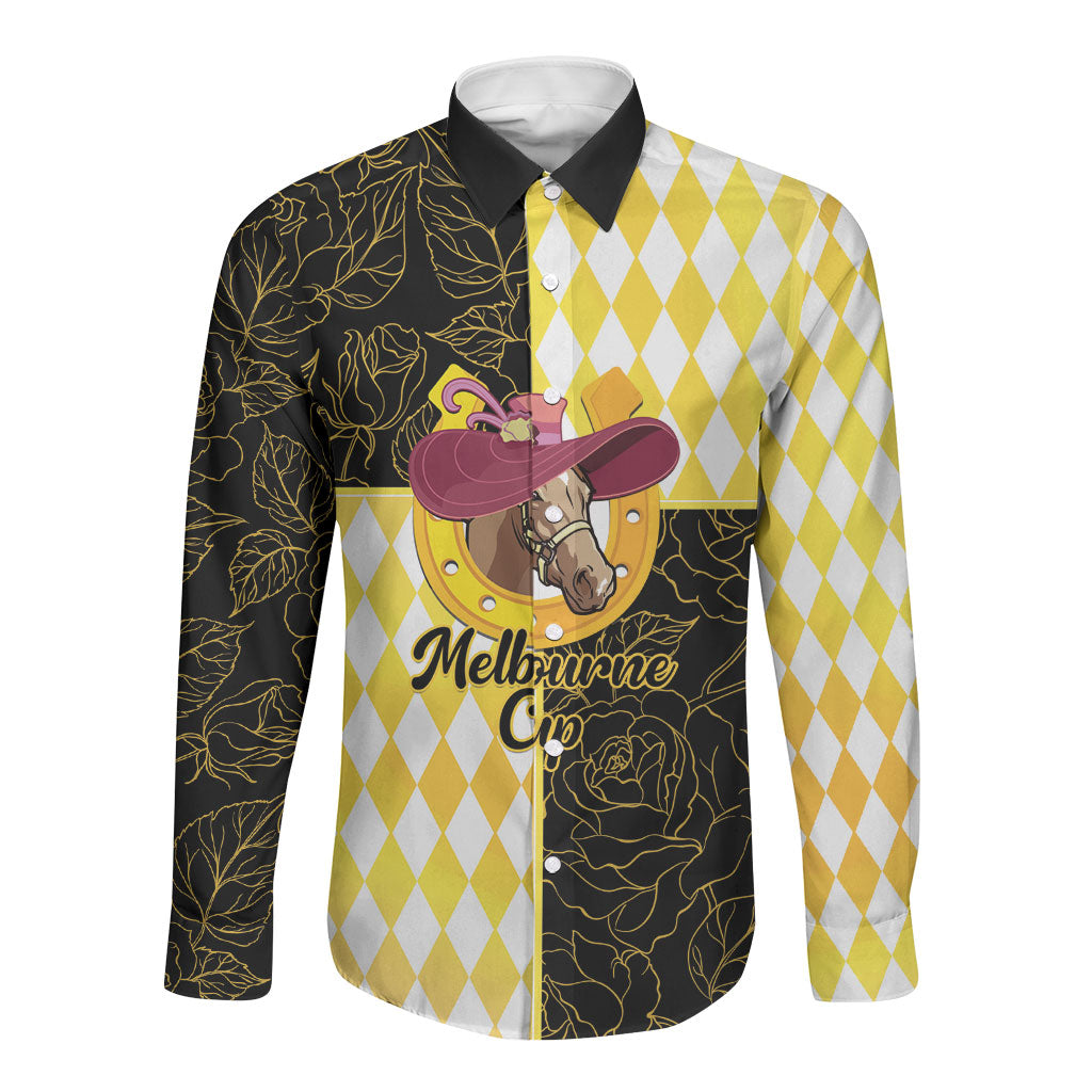 Personalised Melbourne Cup Australia Long Sleeve Button Shirt Diamond Horse Racing Silks Inspired Yellow