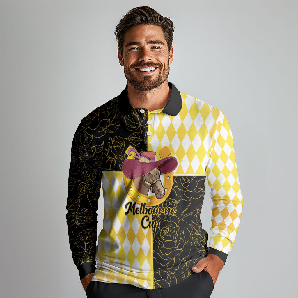Personalised Melbourne Cup Australia Long Sleeve Polo Shirt Diamond Horse Racing Silks Inspired Yellow