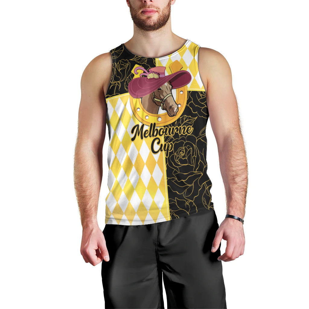 Personalised Melbourne Cup Australia Men Tank Top Diamond Horse Racing Silks Inspired Yellow
