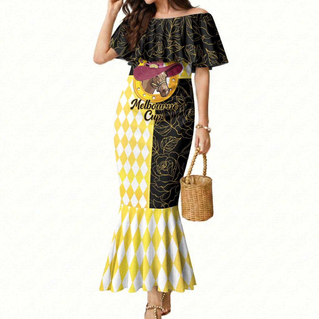 Personalised Melbourne Cup Australia Mermaid Dress Diamond Horse Racing Silks Inspired Yellow