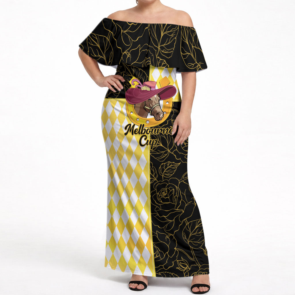 Personalised Melbourne Cup Australia Off Shoulder Maxi Dress Diamond Horse Racing Silks Inspired Yellow