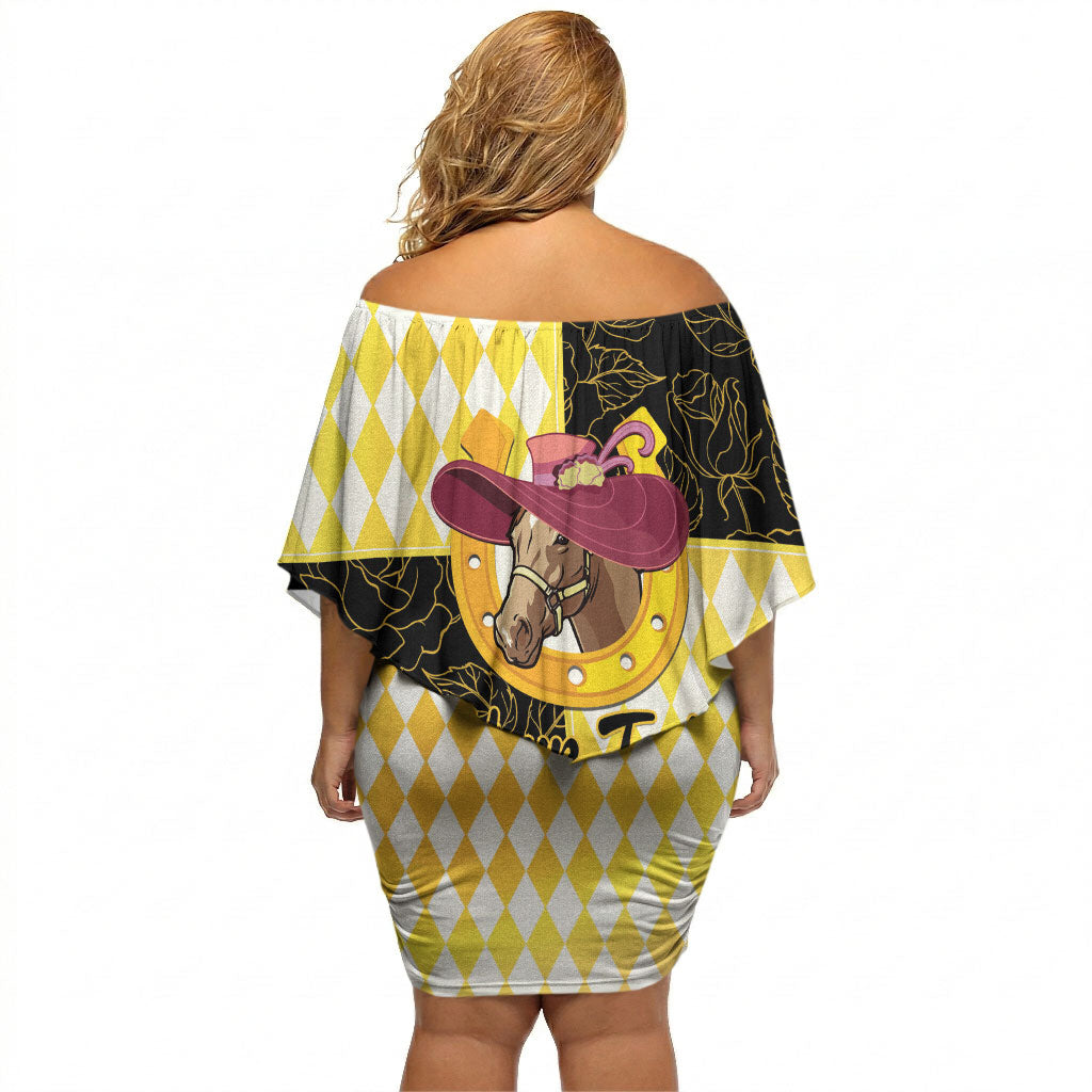 Personalised Melbourne Cup Australia Off Shoulder Short Dress Diamond Horse Racing Silks Inspired Yellow