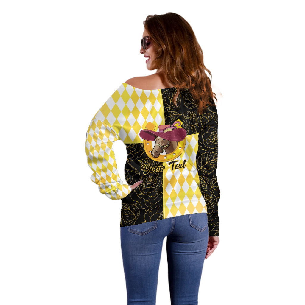 Personalised Melbourne Cup Australia Off Shoulder Sweater Diamond Horse Racing Silks Inspired Yellow