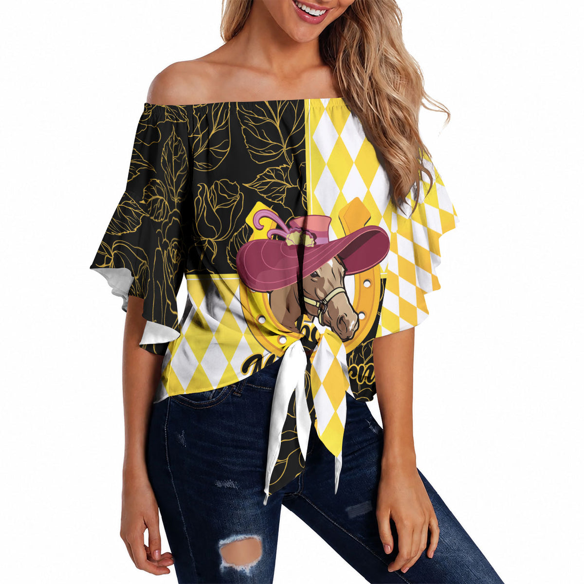 Personalised Melbourne Cup Australia Off Shoulder Wrap Waist Top Diamond Horse Racing Silks Inspired Yellow