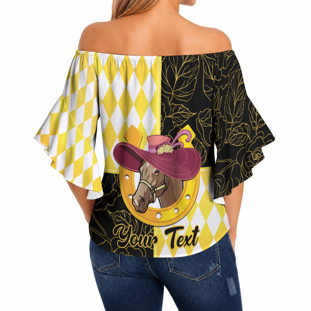 Personalised Melbourne Cup Australia Off Shoulder Wrap Waist Top Diamond Horse Racing Silks Inspired Yellow