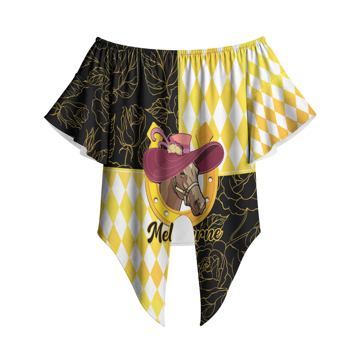 Personalised Melbourne Cup Australia Off Shoulder Wrap Waist Top Diamond Horse Racing Silks Inspired Yellow