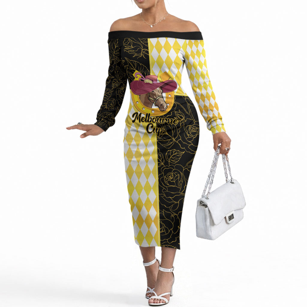 Personalised Melbourne Cup Australia Off The Shoulder Long Sleeve Dress Diamond Horse Racing Silks Inspired Yellow