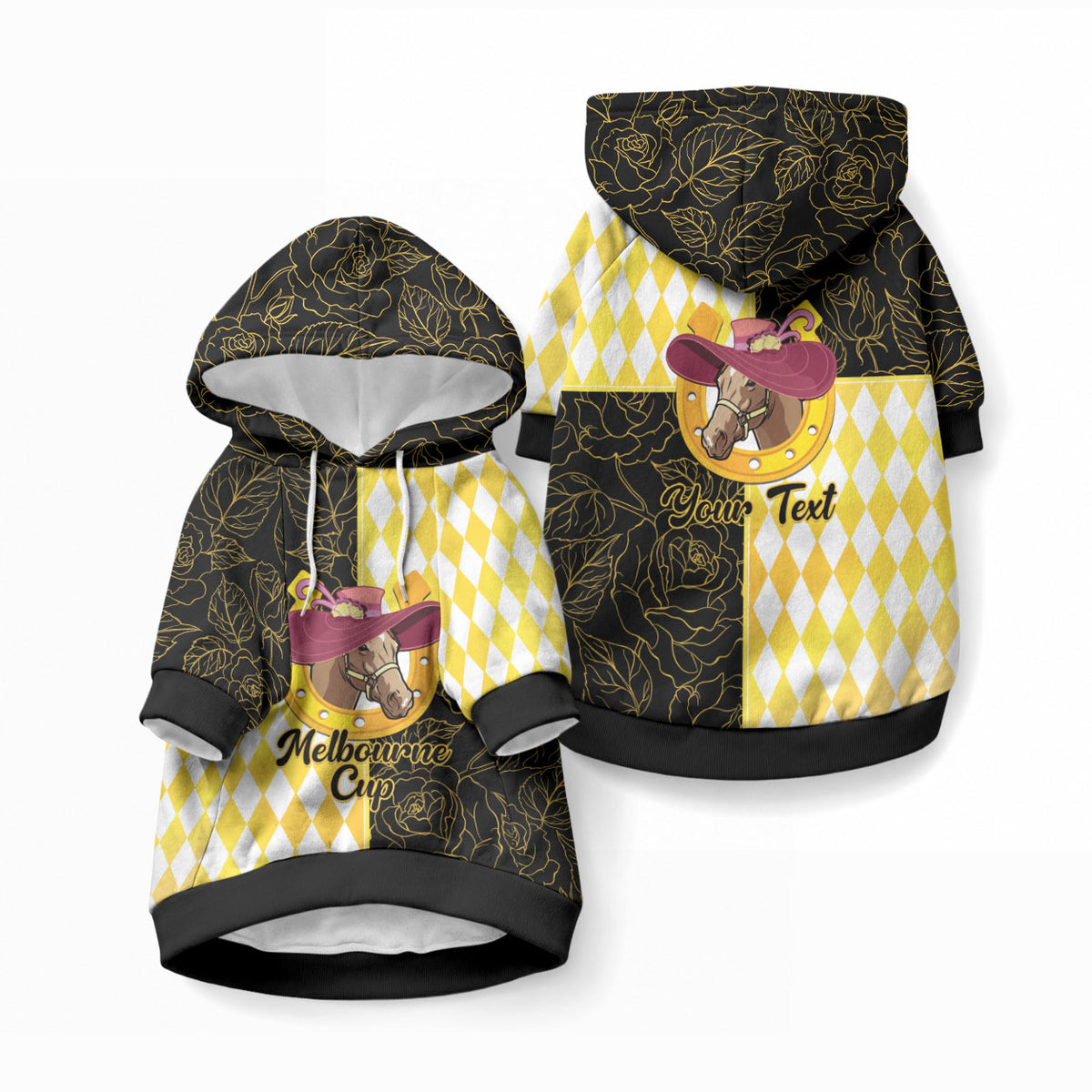 Personalised Melbourne Cup Australia Pet Hoodie Diamond Horse Racing Silks Inspired Yellow
