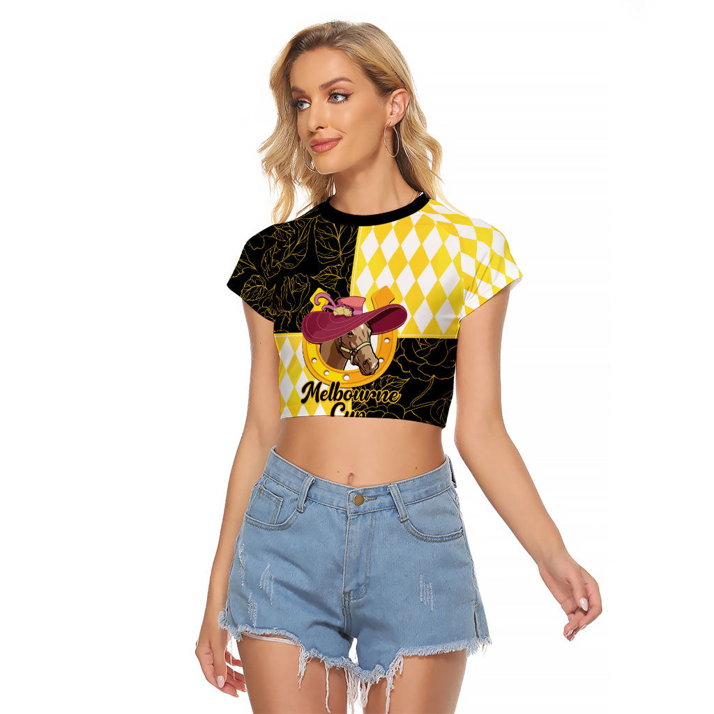 Personalised Melbourne Cup Australia Raglan Cropped T Shirt Diamond Horse Racing Silks Inspired Yellow