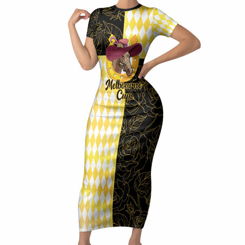 Personalised Melbourne Cup Australia Short Sleeve Bodycon Dress Diamond Horse Racing Silks Inspired Yellow